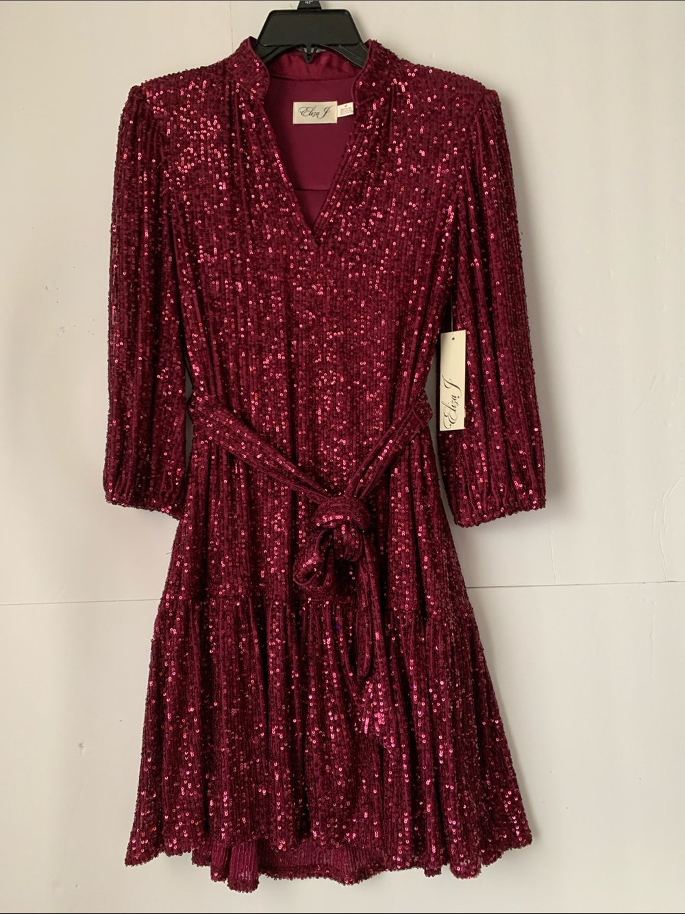 NWT Eliza J Burgundy Sequin V-Neck 3/4 Sleeve Dress Size 4 P